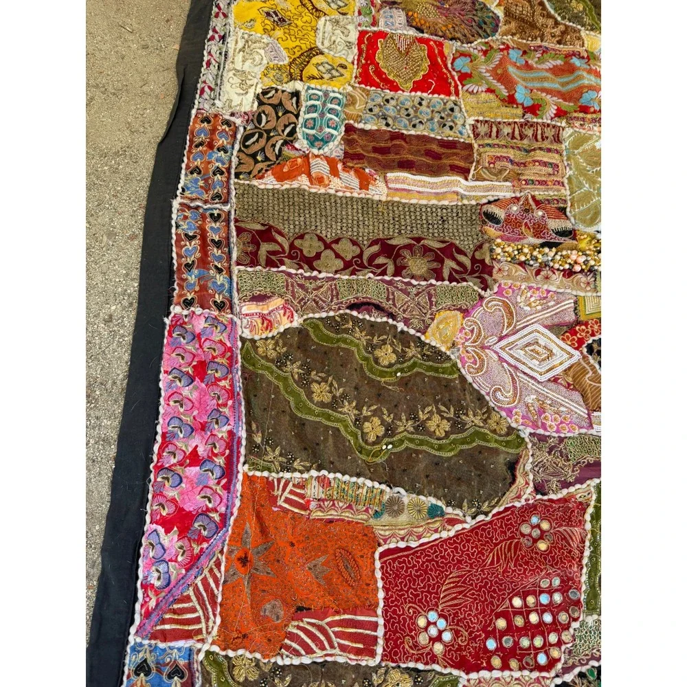 Vintage Indian Heavily Beaded Art Decor Sari Zari Wall Hanging Tapestry 75x93